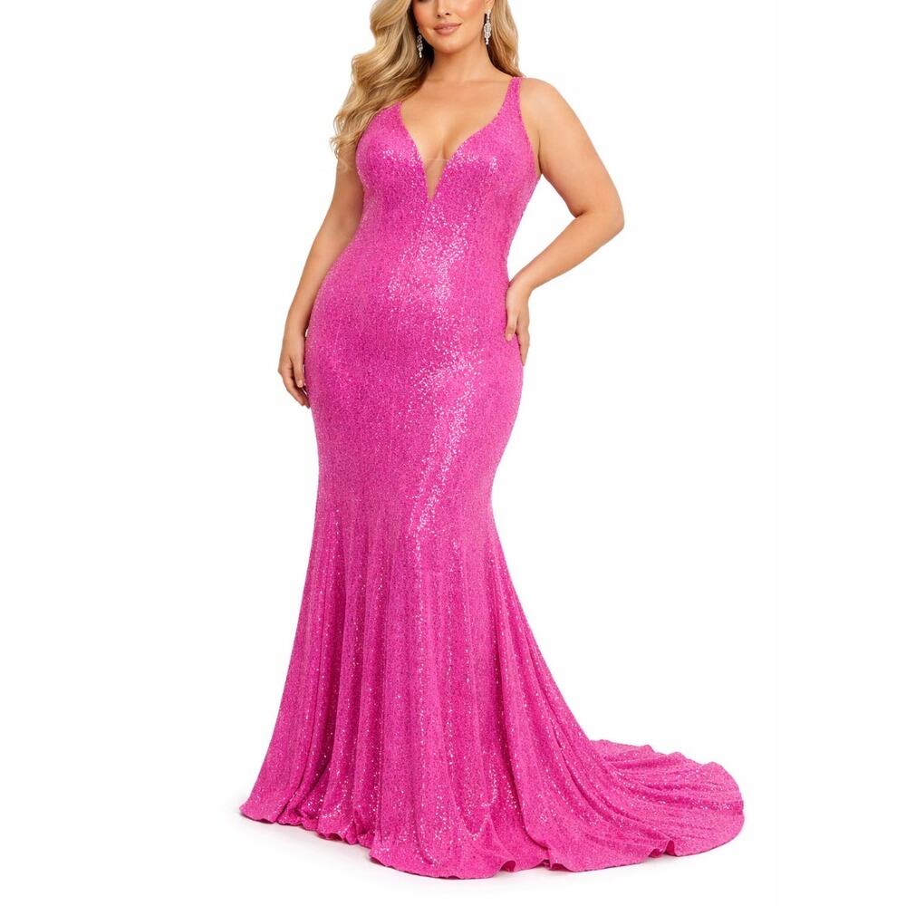 Jovani 22824 Fuchsia Pink Evening Gown Sequined Backless Mermaid Dress Size 18